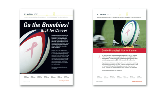 Clayton Utz - Rugby Advertisements, Go the Brumbies! Kick For Cancer